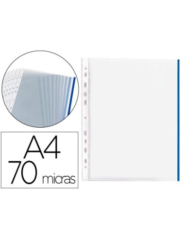 FUNDA MULTITALADRO Q-CONNECT DIN A4 70 MC PP CRISTAL CON BORDE AZUL BOLSA DE 10 UDS