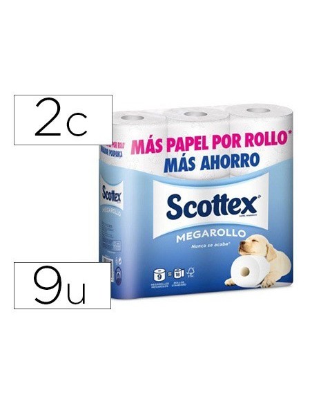 PAPEL HIGIENICO SCOTTEX MEGARROLLO DOBLE LARGO PAQUETEDE 9 ROLLOS