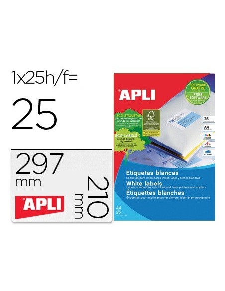 ETIQUETA ADHESIVA APLI 1215 TAMAÑO 210X297 MM PARA FOTOCOPIADORA LASER INK-JET CAJA CON 25 HOJAS CON 25