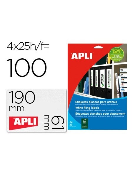 ETIQUETA ADHESIVA APLI 1233 TAMAÑO 190X61 MM PARA FOTOCOPIADORA LASER INK-JET CAJA 25 HOJAS CON 100