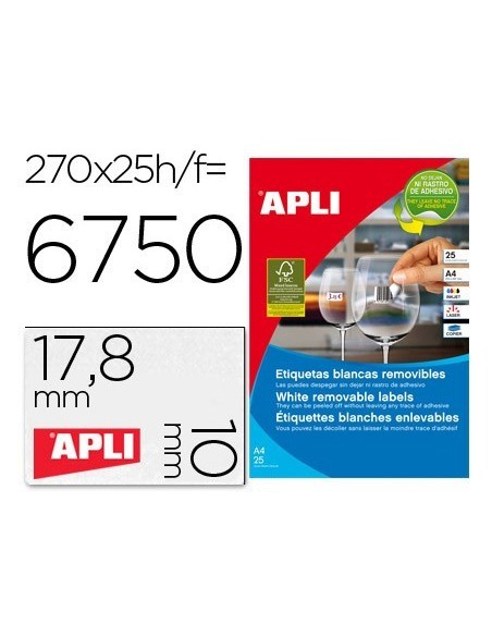 ETIQUETA ADHESIVAS APLI 10197 TAMAÑO 17,8X10 MM REMOVIBLE PARA FOTOCOPIADORA LASER INK-JET CAJA 25 HOJAS CON
