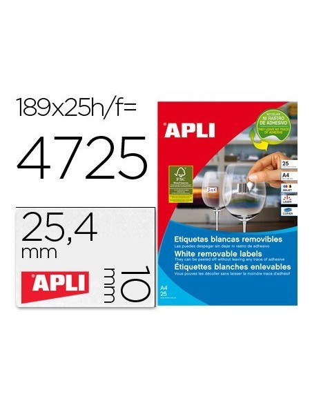 ETIQUETA ADHESIVAS APLI 10198 TAMAÑO 25,4X10 MM REMOVIBLE PARA FOTOCOPIADORA LASER INK-JET CAJA 25 HOJAS CON