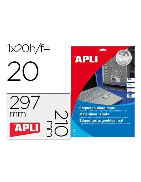 ETIQUETA ADHESIVA APLI 10071 METALIZADA TAMAÑO 210X297 MM PARA FOTOCOPIADORA LASER CAJA 20 HOJAS CON 20