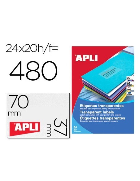 ETIQUETA ADHESIVA APLI 1224 TRANSPARENTES TAMAÑO 70X37 MM PARA FOTOCOPIADORA LASER CAJA 20 HOJAS CON 480 ETIQUETAS