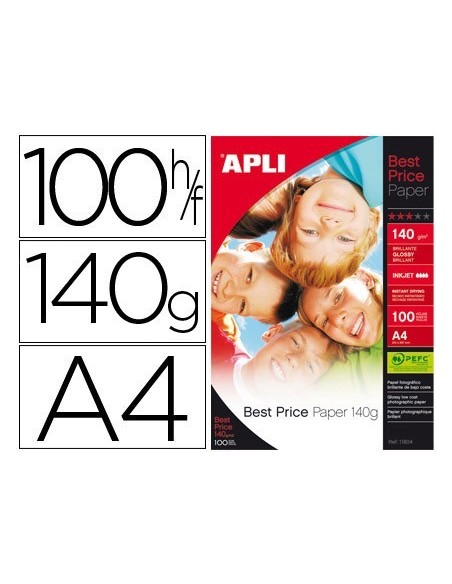 PAPEL FOTOGRAFICO APLI GLOSSY DIN A4 PACK DE 100 HOJAS 140 GR