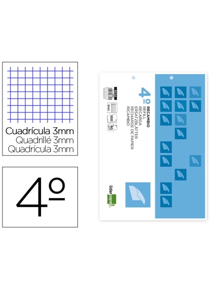 RECAMBIO LIDERPAPEL CUARTO APAISADO 100 H 2TCA-06 CUADRO 3 MM 2 TALADROS CON MARGEN