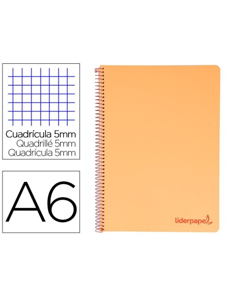 CUADERNO ESPIRAL LIDERPAPEL A6 MICRO WONDER TAPA PLASTICO 120H 90 GR CUADRO 5MM 4 BANDAS COLOR NARANJA