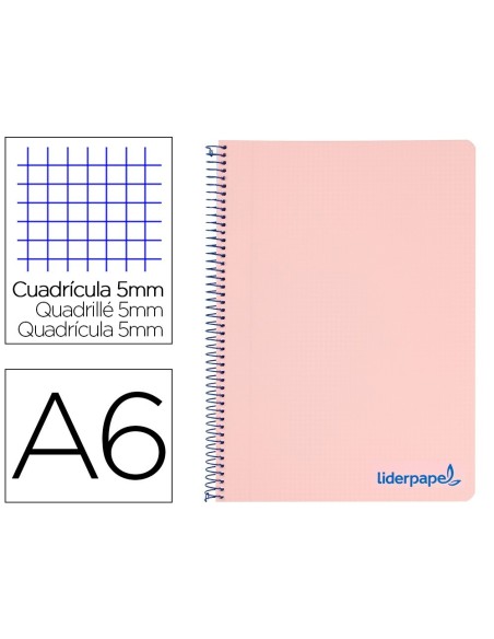 CUADERNO ESPIRAL LIDERPAPEL A6 MICRO WONDER TAPA PLASTICO 120H 90 GR CUADRO 5MM 4 BANDAS COLOR ROSA