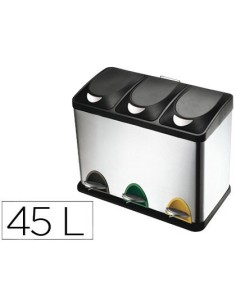 PAPELERA CONTENEDOR Q-CONNECT METALICA CON TAPADERA DE PLASTICO Y PEDAL 3 DEPOSITOS 45L 605X340X485 MM