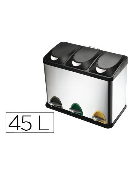 PAPELERA CONTENEDOR Q-CONNECT METALICA CON TAPADERA DE PLASTICO Y PEDAL 3 DEPOSITOS 45L 605X340X485 MM