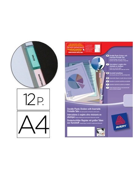 SEPARADOR AVERY POLIPROPILENO DIN A4+ CON 12 PESTAÑAS PERSONALIZABLES