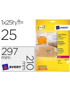 ETIQUETA ADHESIVAS AVERY DIN A4 IMPRIMIBLES TRANSPARENTE 210X297 MM CAJA DE 25 HOJAS CON 25 ETIQUETAS