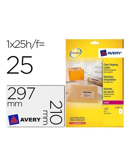 ETIQUETA ADHESIVAS AVERY DIN A4 IMPRIMIBLES TRANSPARENTE 210X297 MM CAJA DE 25 HOJAS CON 25 ETIQUETAS