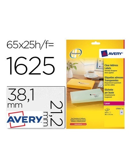 ETIQUETA ADHESIVAS AVERY DIN A4 IMPRIMIBLES TRANSPARENTE 38,1X21,2 MM CAJA DE 25 HOJAS CON 1625 ETIQUETAS