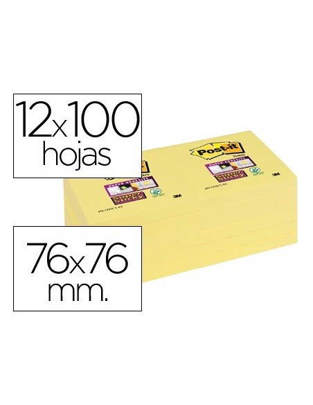 BLOC DE NOTAS ADHESIVAS QUITA Y PON POST-IT SUPER STICKY 76X76 MM CON 12 BLOC AMARILLO CANARIO
