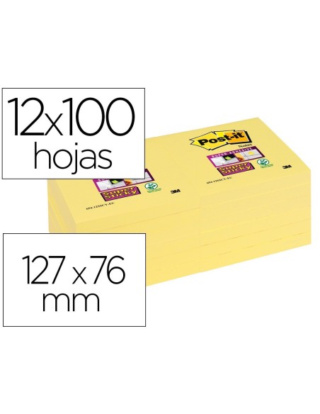 BLOC DE NOTAS ADHESIVAS QUITA Y PON POST-IT SUPER STICKY 76X127 MM CON 12 BLOC AMARILLO CANARIO
