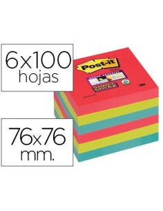 BLOC DE NOTAS ADHESIVAS QUITA Y PON POST-IT SUPER STICKY 76X76 MM CON 6 BLOC 2 ROJOS VERDE NEON AZUL