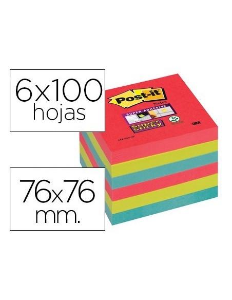 BLOC DE NOTAS ADHESIVAS QUITA Y PON POST-IT SUPER STICKY 76X76 MM CON 6 BLOC 2 ROJOS VERDE NEON AZUL