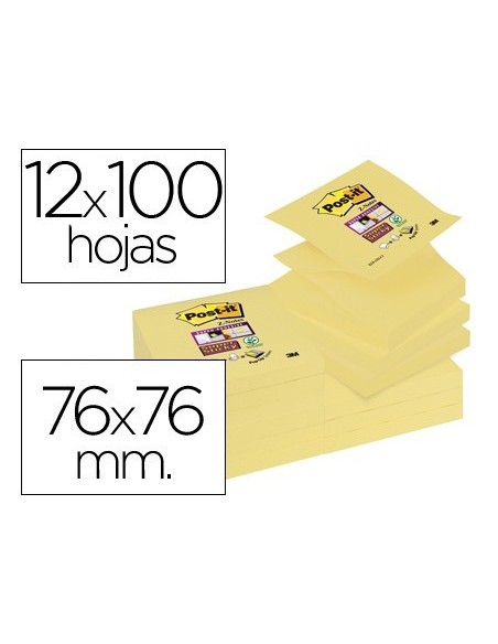 BLOC DE NOTAS ADHESIVAS QUITA Y PON POST-IT SUPER STICKY 76X76 MM ZIGZAG CON 12 BLOC AMARILLO CANARIO