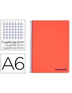 CUADERNO ESPIRAL LIDERPAPEL A6 MICRO WONDER TAPA PLASTICO 120H 90 GR CUADRO 5MM 4 BANDAS COLOR ROJO