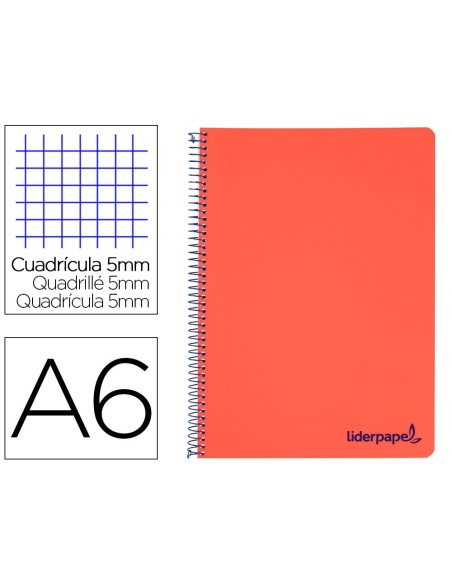 CUADERNO ESPIRAL LIDERPAPEL A6 MICRO WONDER TAPA PLASTICO 120H 90 GR CUADRO 5MM 4 BANDAS COLOR ROJO