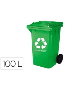 PAPELERA CONTENEDOR Q-CONNECT PLASTICO VERDE PARA ENVASES DE VIDRIO 100L CON TAPA Y RUEDAS 750X470X370 MM