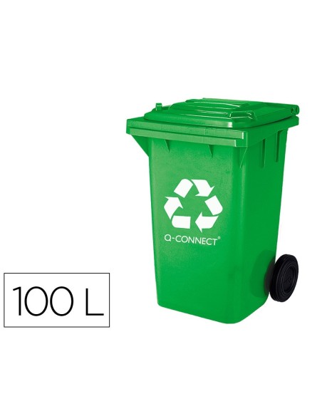 PAPELERA CONTENEDOR Q-CONNECT PLASTICO VERDE PARA ENVASES DE VIDRIO 100L CON TAPA Y RUEDAS 750X470X370 MM