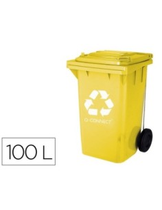 PAPELERA CONTENEDOR Q-CONNECT PLASTICO AMARILLO PARA PLASTICOS Y ENVASES METALICOS 100L CON TAPA Y RUEDAS 750X470X370 MM