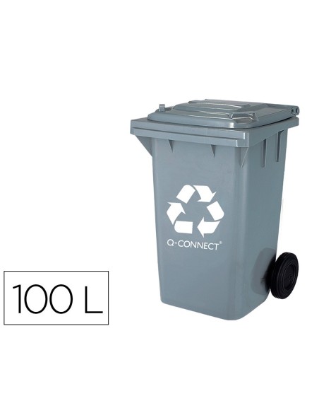 PAPELERA CONTENEDOR Q-CONNECT PLASTICO GRIS PARA DESHECHOS EN GENERAL 100 L CON TAPA Y RUEDAS 750X470X370 MM