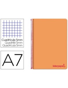 CUADERNO ESPIRAL LIDERPAPEL A7 MICRO WONDER TAPA PLASTICO 100H 90 GR CUADRO 5MM 4 BANDAS COLOR NARANJA