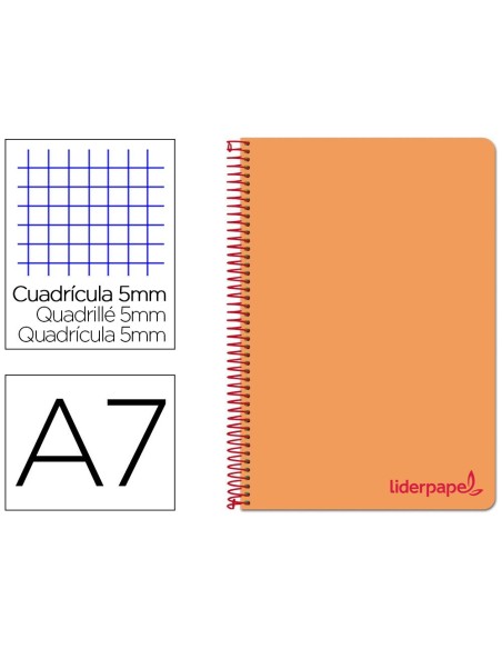 CUADERNO ESPIRAL LIDERPAPEL A7 MICRO WONDER TAPA PLASTICO 100H 90 GR CUADRO 5MM 4 BANDAS COLOR NARANJA