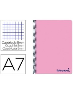 CUADERNO ESPIRAL LIDERPAPEL A7 MICRO WONDER TAPA PLASTICO 100H 90 GR CUADRO 5MM 4 BANDAS COLOR ROSA