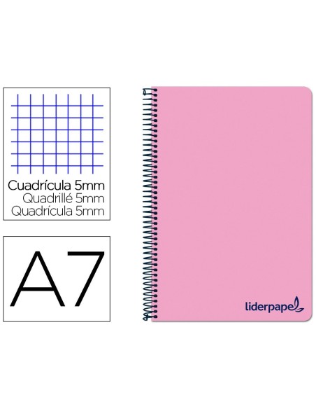 CUADERNO ESPIRAL LIDERPAPEL A7 MICRO WONDER TAPA PLASTICO 100H 90 GR CUADRO 5MM 4 BANDAS COLOR ROSA