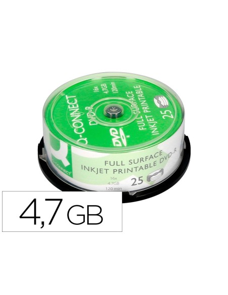 DVD-R Q-CONNECT CON SUPERFICIE 100% IMPRIMIBLE PARA INKJET CAPACIDAD 4,7GB DURACION 120MIVELOCIDAD 16X BOTE DE 25 UNID