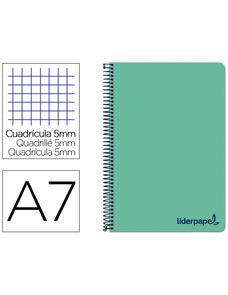 CUADERNO ESPIRAL LIDERPAPEL A7 MICRO WONDER TAPA PLASTICO 100H 90 GR CUADRO 5MM 4 BANDAS COLOR VERDE