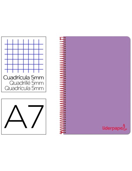 CUADERNO ESPIRAL LIDERPAPEL A7 MICRO WONDER TAPA PLASTICO 100H 90 GR CUADRO 5MM 4 BANDAS COLOR VIOLETA