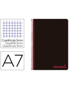 CUADERNO ESPIRAL LIDERPAPEL A7 MICRO WONDER TAPA PLASTICO 100H 90 GR CUADRO 5MM 4 BANDAS COLOR NEGRO