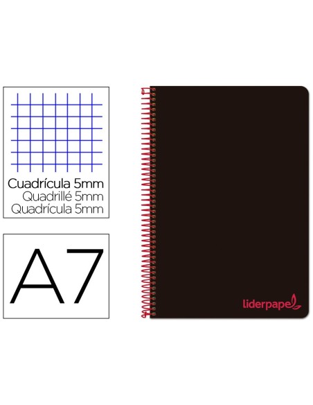 CUADERNO ESPIRAL LIDERPAPEL A7 MICRO WONDER TAPA PLASTICO 100H 90 GR CUADRO 5MM 4 BANDAS COLOR NEGRO
