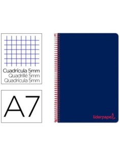 CUADERNO ESPIRAL LIDERPAPEL A7 MICRO WONDER TAPA PLASTICO 100H 90 GR CUADRO 5MM 4 BANDAS COLOR AZUL MARINO
