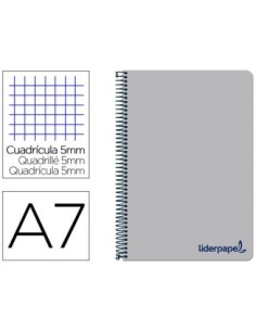 CUADERNO ESPIRAL LIDERPAPEL A7 MICRO WONDER TAPA PLASTICO 100H 90 GR CUADRO 5MM 4 BANDAS COLOR GRIS