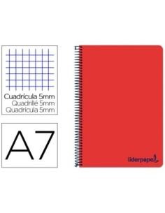CUADERNO ESPIRAL LIDERPAPEL A7 MICRO WONDER TAPA PLASTICO 100H 90 GR CUADRO 5MM 4 BANDAS COLOR ROJO