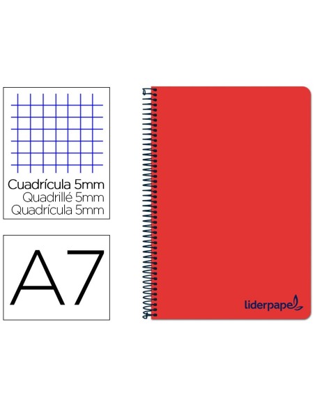 CUADERNO ESPIRAL LIDERPAPEL A7 MICRO WONDER TAPA PLASTICO 100H 90 GR CUADRO 5MM 4 BANDAS COLOR ROJO