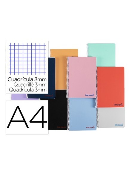 CUADERNO ESPIRAL LIDERPAPEL A4 WONDER TAPA PLASTICO 80H 90GR CUADRO 3MM CON MARGEN COLORES SURTIDOS