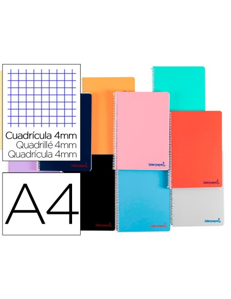 CUADERNO ESPIRAL LIDERPAPEL A4 WONDER TAPA PLASTICO 80H 90GR CUADRO 4MM CON MARGEN COLORES SURTIDOS