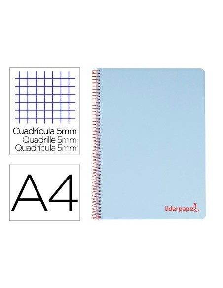 CUADERNO ESPIRAL LIDERPAPEL A4 MICRO WONDER TAPA PLASTICO 120H 90 GR CUADRO 5 MM 5 BANDA4 TALADROS COLOR CELESTE