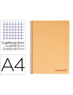 CUADERNO ESPIRAL LIDERPAPEL A4 MICRO WONDER TAPA PLASTICO 120H 90 GR CUADRO 5 MM 5 BANDA4 TALADROS COLOR NARANJA