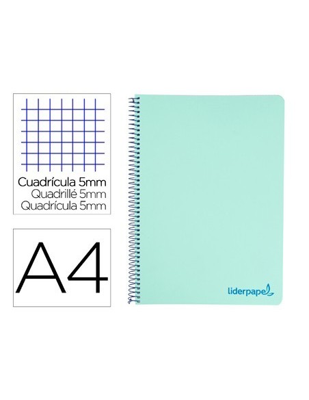 CUADERNO ESPIRAL LIDERPAPEL A4 MICRO WONDER TAPA PLASTICO 120H 90 GR CUADRO 5 MM 5 BANDAS 4 TALADROS COLOR VERDE