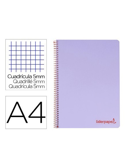 CUADERNO ESPIRAL LIDERPAPEL A4 MICRO WONDER TAPA PLASTICO 120H 90 GR CUADRO 5 MM 5 BANDA4 TALADROS COLOR LILA