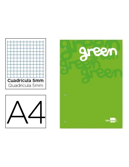 BLOC ENCOLADO LIDERPAPEL CUADRO 5 MM VERDE A4 NATURAL 100 HOJAS 100 G/M2
