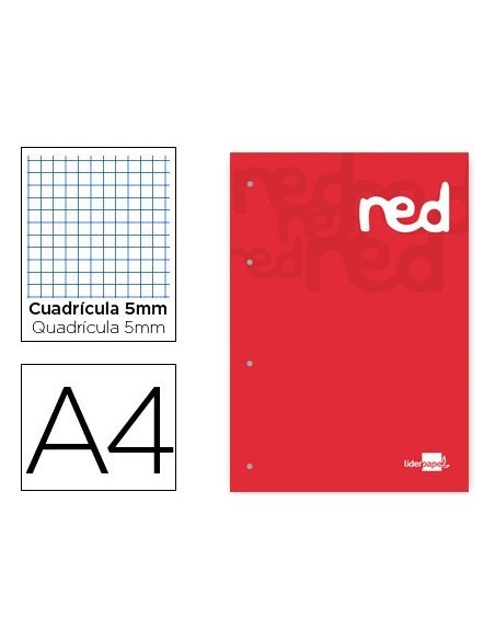BLOC ENCOLADO LIDERPAPEL CUADRO 5 MM ROJO A4 NATURAL 100 HOJAS 100 G/M2